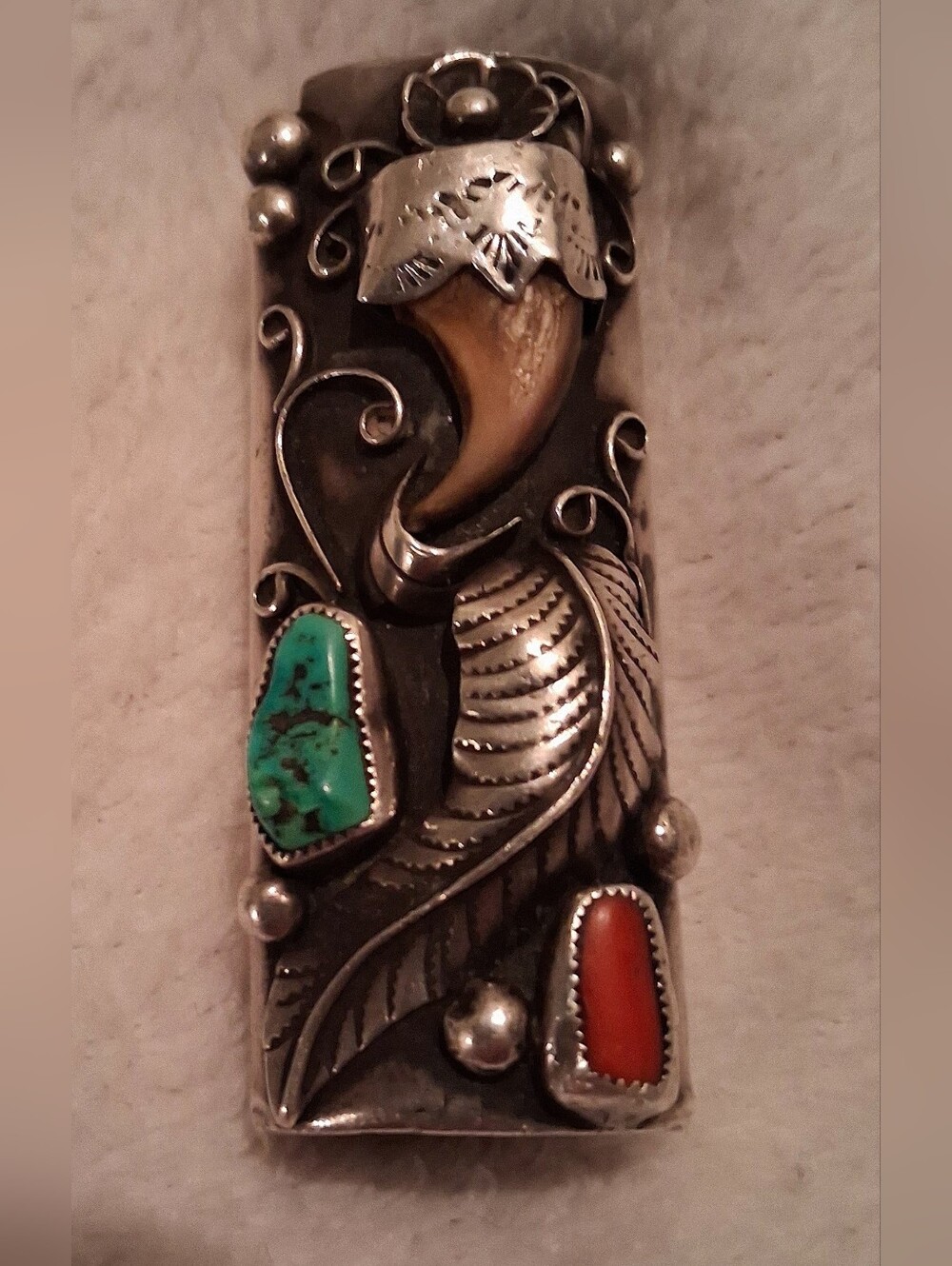 Vintage Native American 70's 925,torquoise,Coral,real Bear Claw,Lighter Holder..